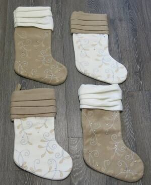 CHRISTMAS STOCKINGS 4 Felt Embroidered Beaded Unique Cream Brown Lined 17 Inches